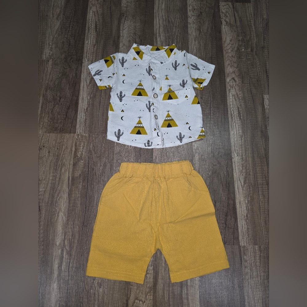 Yellow and White Teepee Print Shirt and Shorts Set